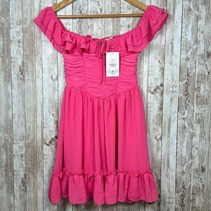 Evolutionary Apparel Dress sz Small Pink Sheer Off Shoulder Ruched Ruffle Bright